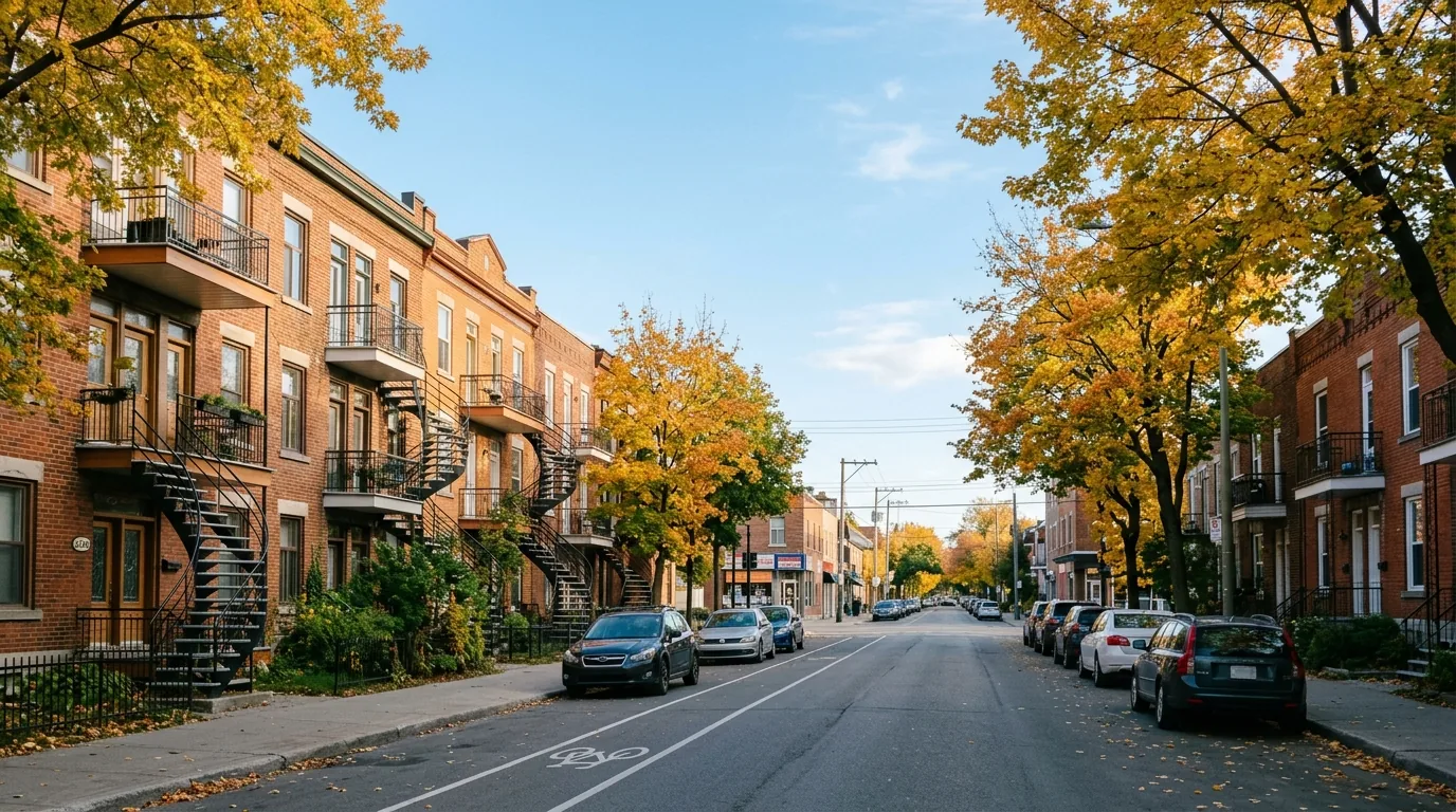 Typical Montreal residential street lined with brick walk-up buildings with outdoor staircases and trees in autumn colours.