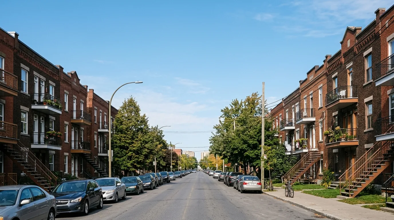 Residential street lined with low-rise brick apartment buildings with balconies and outdoor staircases in natural daylight.