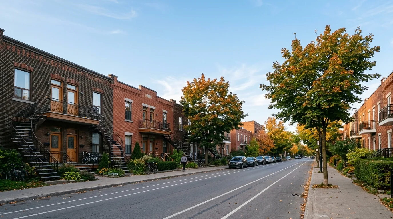 Residential street lined with brick duplexes featuring outdoor spiral staircases and mature trees under soft late-afternoon light.