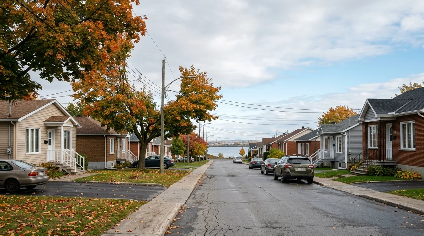 Quiet residential street lined with bungalows and mature trees, with the river visible at the end of the block.