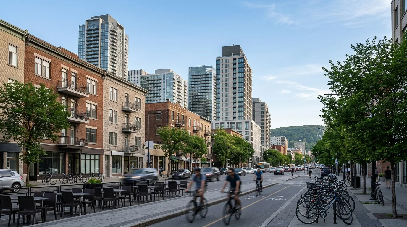 Rue du centre-ville de Montréal bordée d'immeubles anciens et de tours vitrées sous une lumière de fin d'après-midi.