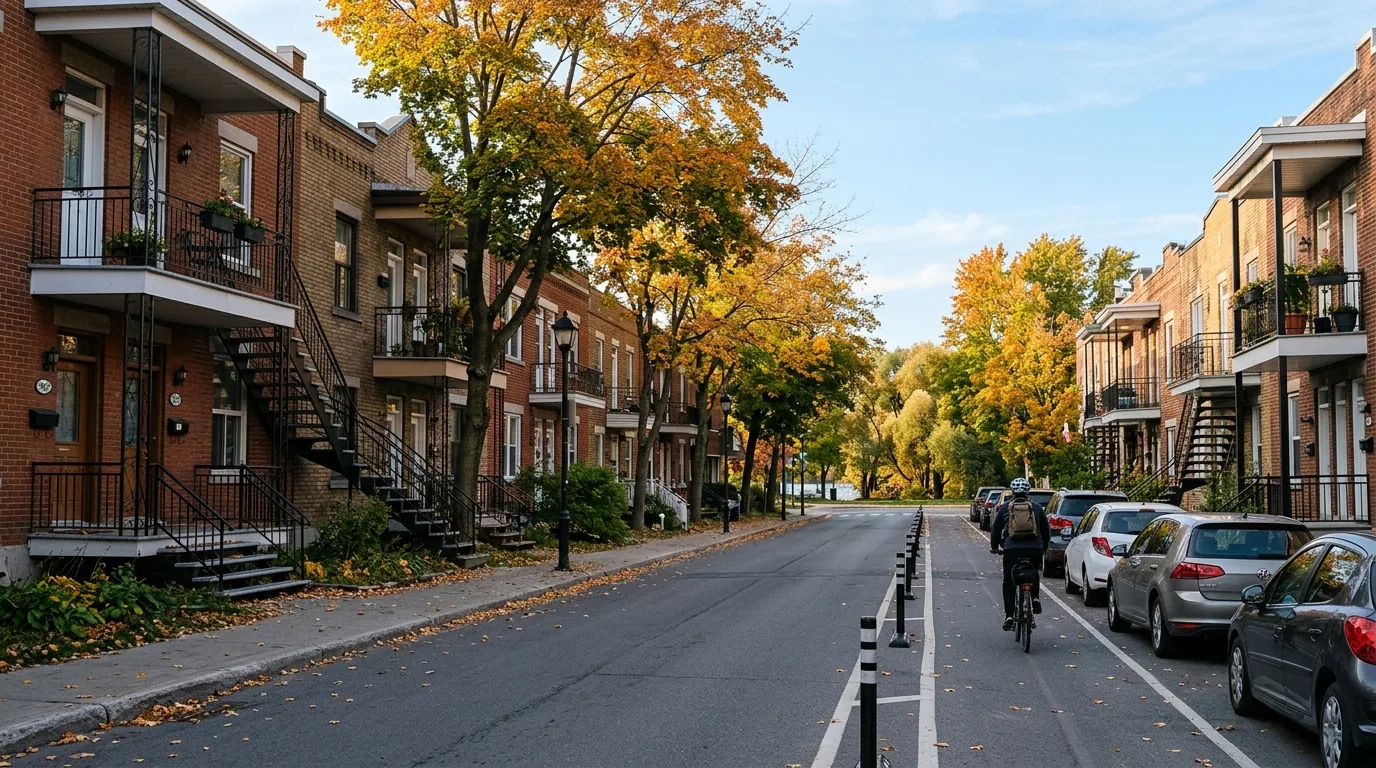 Residential street lined with brick duplexes with outdoor staircases and autumn-coloured trees in a Montreal neighbourhood.