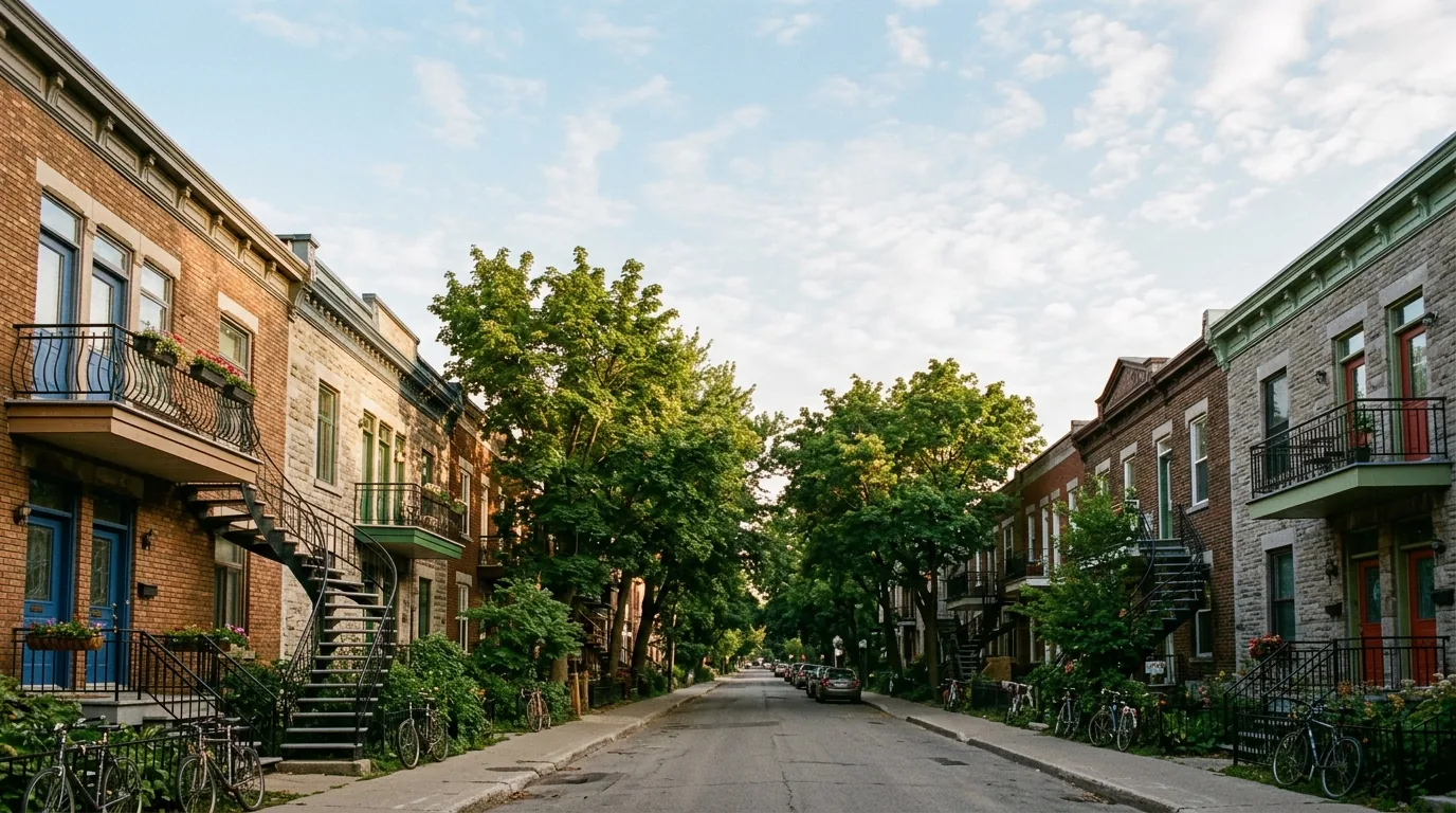 Tree-lined residential street with brick walk-ups and their exterior spiral staircases.