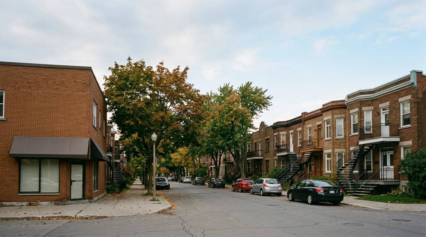 Residential street in east Montreal lined with brick duplexes with outdoor spiral staircases and mature trees.