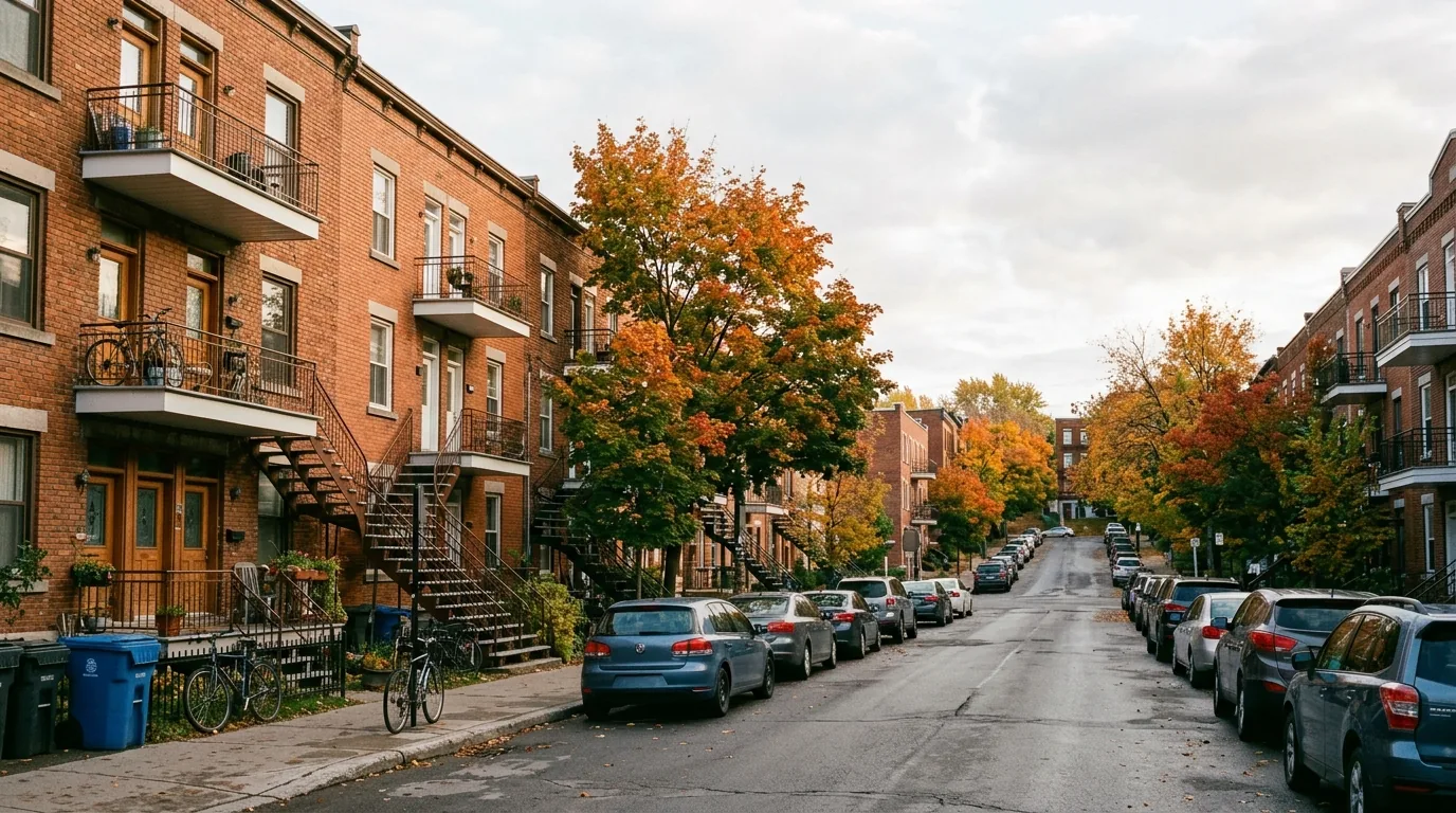 Residential street lined with brick walk-up buildings with exterior staircases and autumn trees in a dense Montreal neighbourhood