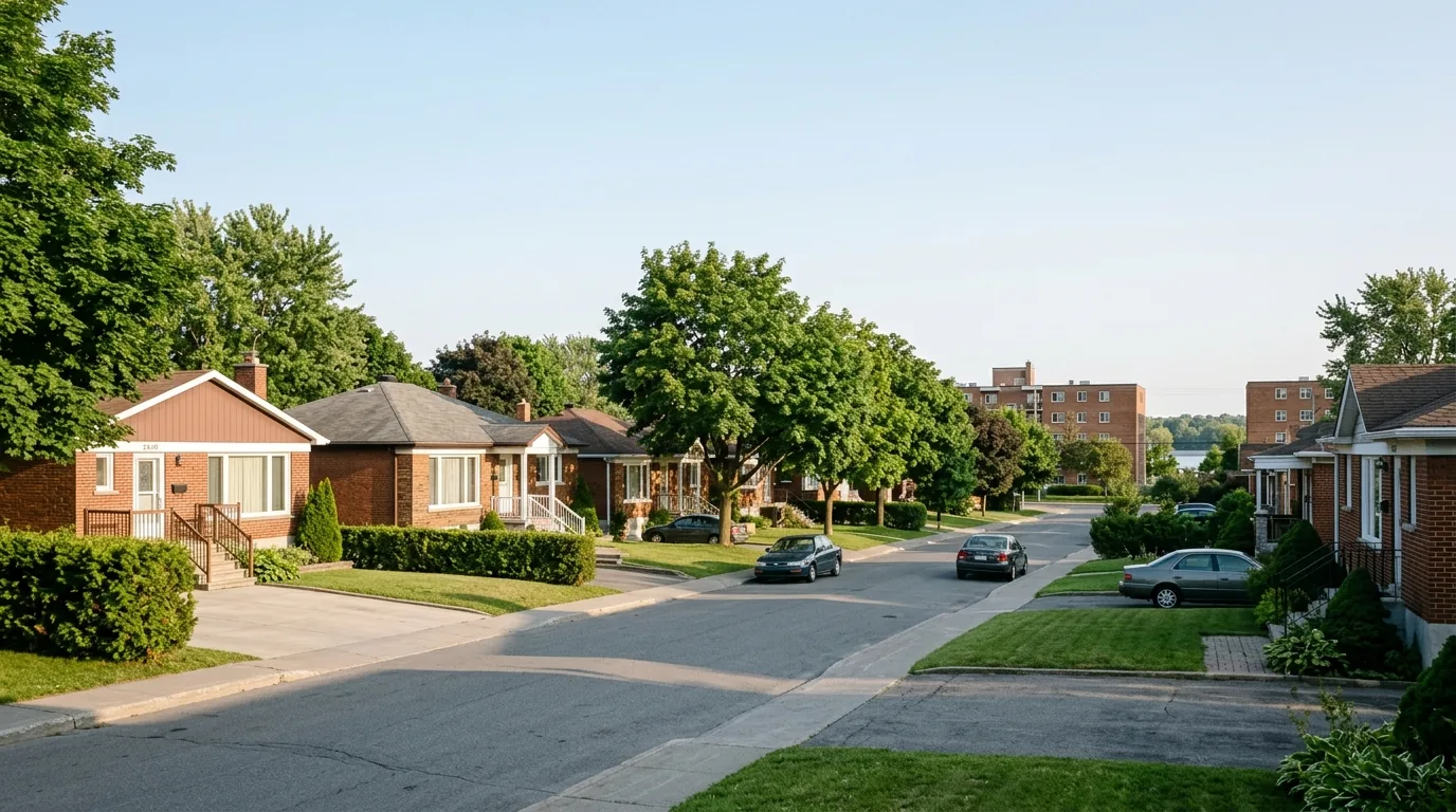 Quiet residential street lined with single-family homes and mature trees in a west-end Montreal borough.