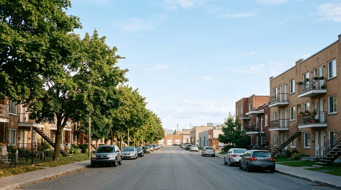 Rue résidentielle bordée d'arbres et d'immeubles d'appartements en brique dans un arrondissement montréalais, sous une lumière douce de fin d'après-midi.