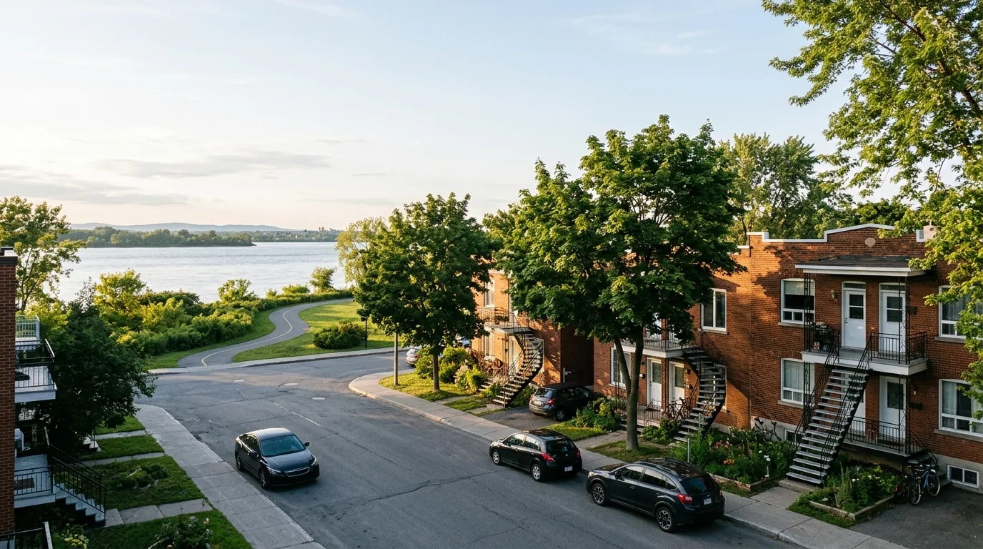 Residential street lined with brick duplexes and mature trees, with the river visible in the distance.