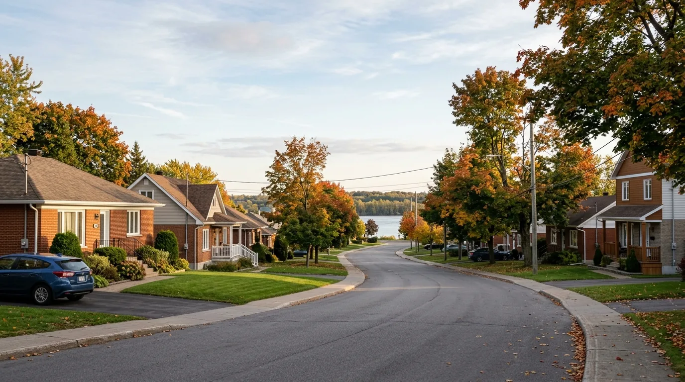 Tree-lined residential street with detached houses and a calm waterway in the background under soft autumn light.
