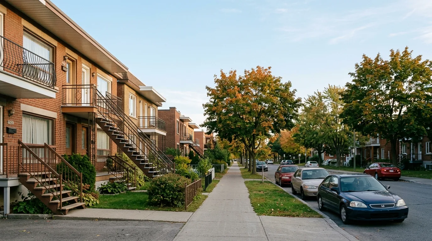 Quiet residential street lined with brick duplexes and mature trees in a Montreal borough.